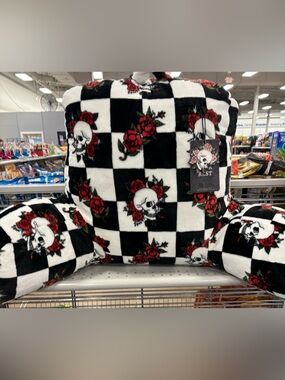 Ed Hardy B&W Checkered Skull Pillow w/ Red Roses - Back & Neck support
